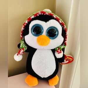 Ty Beanie Boos NWT 2017 Penelope Plush Penguin w/Festive Knit Hat Sparkly Eyes